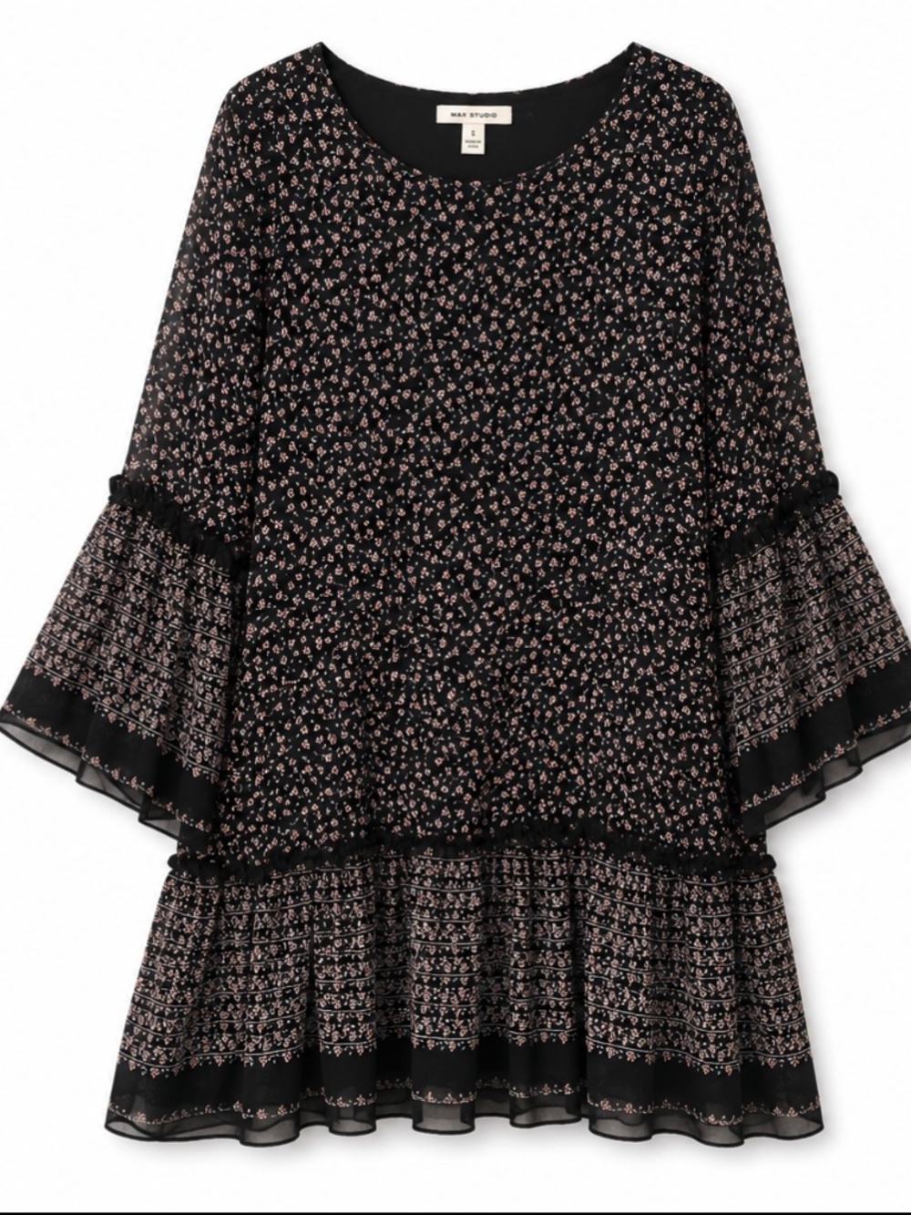 Max Studio Floral Boho Dress Bell Sleeve Ruffle Women’s S Black